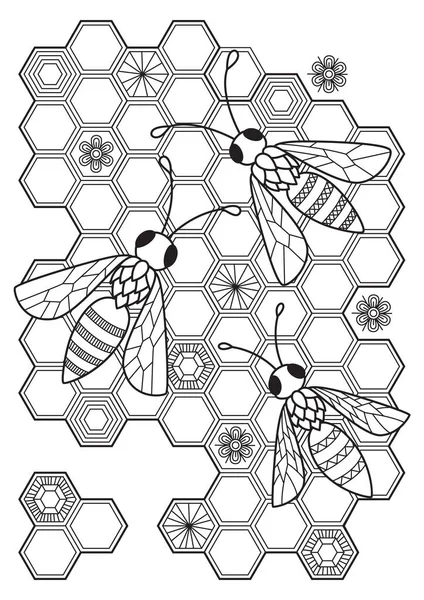 Пчелы Сотах Антистрессовые Каракули Взрослых Zentangle Насекомое Черно Белой Иллюстрации — стоковый вектор