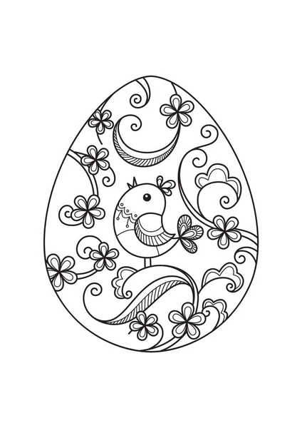 Velikonoční Čmáranice Omalovánky Stránky Velikonoční Vajíčko Květinami Ptákem Černobílá Iluze — Stockový vektor
