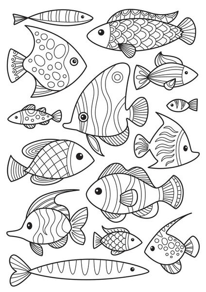 Набор Рыбных Страниц Раскраски Лапши Антистресс Взрослых Коллекция Черно Белых — стоковый вектор