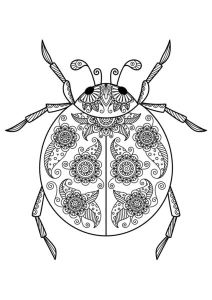 Nyckelpiga Tress Doodle Teckningar För Vuxna Zentangle Insekt Svart Och — Stock vektor