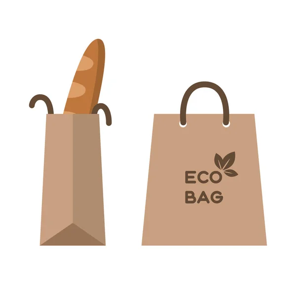 环保纸袋左右两边 带有面包的环保袋 生态购物袋的概念 被白色背景隔离 种群矢量说明 — 图库矢量图片