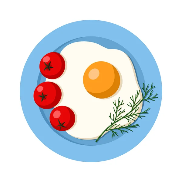 Τηγανητό Αυγό Ένα Πιάτο Ντομάτες Και Βότανα Στο Πάνω Μέρος — Διανυσματικό Αρχείο