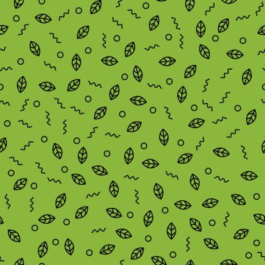 Yeşil arkaplanda vektör karalama yaz kontur yapraksız desen