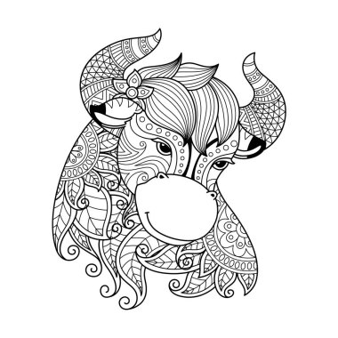 Boğa burcu işareti. Yetişkinler için Zentangle boyama kitabı sayfası. Zodiac işareti