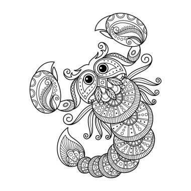 Akrep burcu. Yetişkinler için Zentangle boyama kitabı sayfası. Zodiac işareti