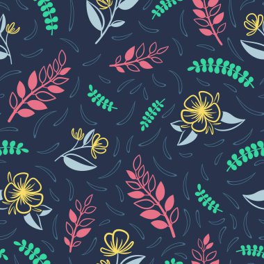 Dalları, yaprakları ve çiçekleri olan pastel dikişsiz çiçek vektör deseni. Yumuşak renklerde pürüzsüz arkaplan.