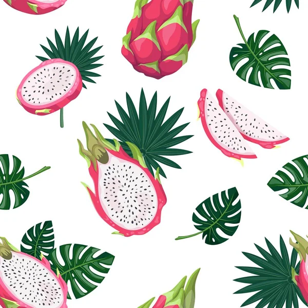 Patrón Tropical Sin Costuras Con Fruta Dragón Pitahaya Monstera Tropical — Archivo Imágenes Vectoriales