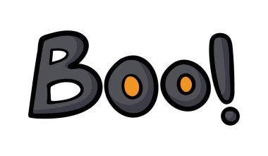 Boo 'yu anlatan şirin bir cadılar bayramı çizgi filmi. Beyaz arkaplanda izole edilmiş vektör mürekkebi çizimi.