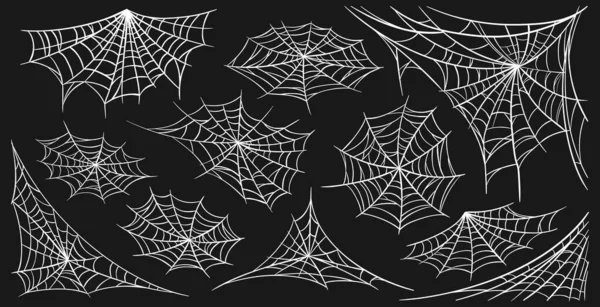 Sammlung Von Spinnennetzen Spinnweben Auf Schwarzem Hintergrund Halloween Vektorillustration Vektorgrafiken