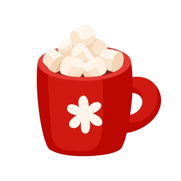 Hot Chocolate Cocoa Marshmallows Red Mug Snowflake Christmas Drink Vector — Stock Vector