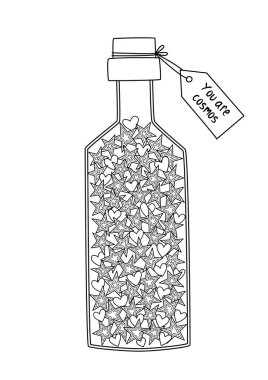 İçinde yıldızlar ve kalpler olan bir şişe boyama kitabı sayfası. Siyah ve beyaz vektör zentangle çizimi. Yetişkinler ve çocuklar için stres önleyici.