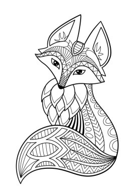 Şirin tilki boyama kitabı sayfası. Siyah ve beyaz vektör zentangle çizimi. Yetişkinler ve çocuklar için stres önleyici.