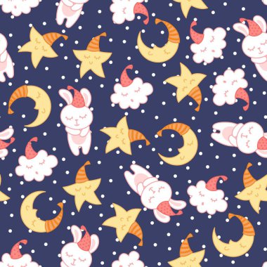 Tatlı uyuyan tavşanlar, bulutlar, ay ve yıldızlar çocuklar için kusursuz desenler. Vektör illüstrasyonu.