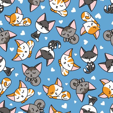 Çocuklar için sevimli uyuyan çizgi film kedileri kusursuz desen. Çocuk kıyafetleri için harika bir seçim. Vektör illüstrasyonu.