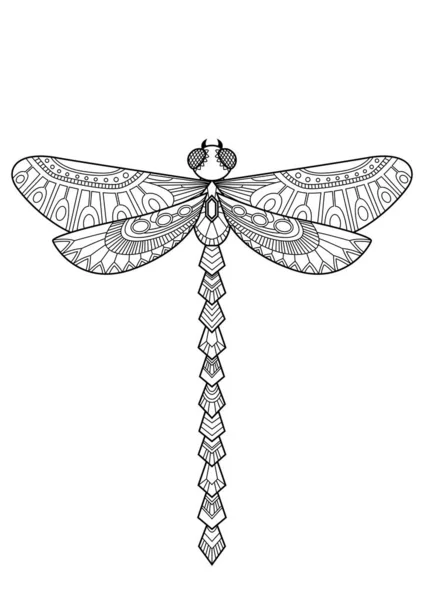 Dragonfly Doodle Colorir Página Livro Ilustração Zentangle Vetor Preto Branco — Vetor de Stock