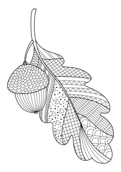 Autumn Oak Leaf Acorn Doodle Coloring Book Page Black White — Stock Vector