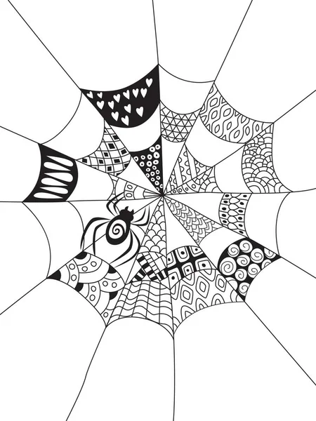Spinne Auf Spinnennetz Doodle Malbuch Seite Schwarz Weiße Vektorzentangle Illustration — Stockvektor