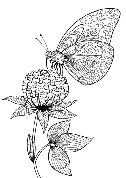 蝴蝶在花朵涂鸦上着色书页 黑色和白色矢量Zentangle插图 成人和儿童的抗压措施 图库插图