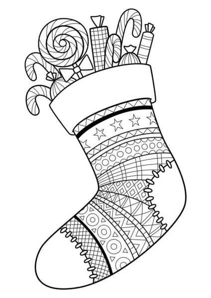 圣诞袜子涂鸦着色书页 黑色和白色矢量Zentangle插图 成人和儿童的抗压措施 免版税图库矢量图片