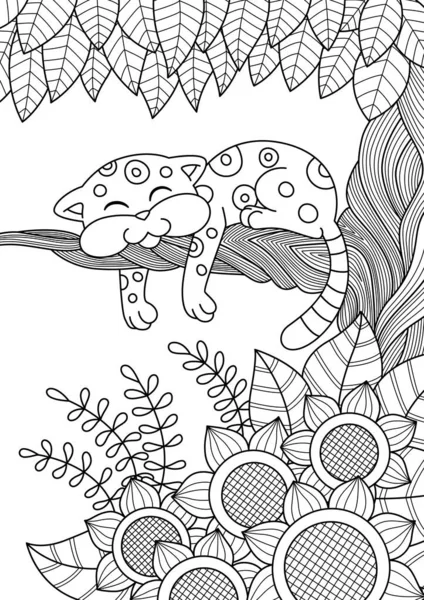 可爱的豹子躺在树上 涂鸦着色书页 黑色和白色矢量Zentangle插图 成人和儿童的抗压措施 免版税图库矢量图片