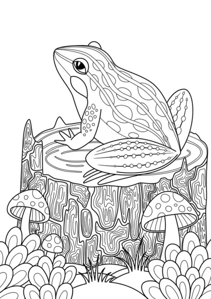 Forest Doodle Malvorlage Frosch Sitzt Auf Einem Baumstumpf Schwarz Weiße Stockvektor