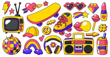 Çizgi film y2k element koleksiyonu. Büyük bir retro etiket paketi. Parlak vektör çizimi. Pop-art çıkartmaları.
