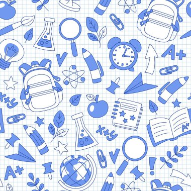 Karalama okulu ögeleri pürüzsüz desen, ızgara kağıdına mavi kalemle çizilmiş el yazısı.