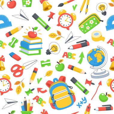 Okula sorunsuz bir şekilde geri döndüm. Okul malzemelerinin geçmişi, sırt çantası, kitaplar, kırtasiye malzemeleri ve daha fazlası. Vektör illüstrasyonu.