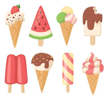 Dondurma koleksiyonu. Koniler, meyveli buz, buzlu dondurma ve duble buzlu dondurma. Beyaz arkaplanda vektör ayarlandı.