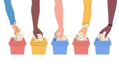 Seçim konsepti illüstrasyonu. Bir kaç el oy sandıklarına koyuyor. ABD Demokratik Seçimleri 2024.