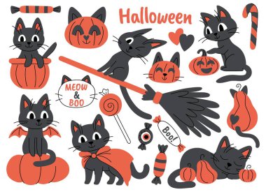 Cadılar Bayramı sevimli çizgi film kedileri, balkabakları ve şeker seti. Farklı pozlarda ve durumlardaki sevimli kediler. Cadılar Bayramı için neşeli hayvan karakterleri. Beyaz arka planda kediler ve balkabakları.