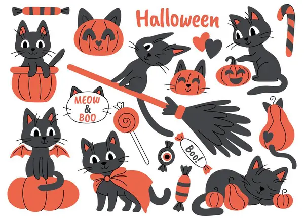 Cadılar Bayramı sevimli çizgi film kedileri, balkabakları ve şeker seti. Farklı pozlarda ve durumlardaki sevimli kediler. Cadılar Bayramı için neşeli hayvan karakterleri. Beyaz arka planda kediler ve balkabakları.