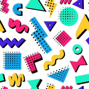 Y2k retro memphis şekilleri desen. Geometrik parlak şekillerin arka planında 3D ve 90 'ların tarzında yarım ton efektleri var. Neon ve siyah renkler.