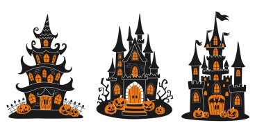 Set of spooky Halloween castles with tall, pointed towers, glowing orange windows, and surrounded by carved jack-o-lanterns. Black and orange colors. clipart