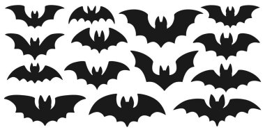 Cadılar Bayramı yarasaları çeşitli uçan pozlarda siluet koleksiyonu, Cadılar Bayramı temalı tasarım için. Beyaz arka planda basit siyah yarasa şekilleri. Stok vektörü.