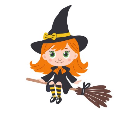 Tatlı cadı kız çocuklar Cadılar Bayramı karakteri. Çizgi film tarzı. Beyaz arkaplan.