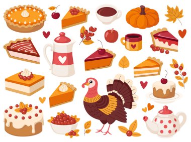 Şükran Günü seti. Hindi, balkabağı turtası, balkabağı ve böğürtlen parçaları, sonbahar meyveleri ve böğürtlen, kahve demliği, çaydanlık ve sıcak içecekler. Sıcak ve ılık sonbahar yemekleri koleksiyonu. Beyaz