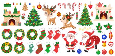 Büyük Noel seti. Noel öğeleri ve karakterleri. Noel ağacı, şeker kamışı, çelenk ve çorap, Noel Baba ve ren geyiği, kutsal dallar ve Noel ağacı süslemeleri. Beyaz arkaplan.