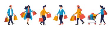 İnsanları düz sette alışverişe çıkarmak. Kadınlar ve erkekler alışveriş çantaları ve alışverişlerle yürüyorlar. Parlak moda renkleri.