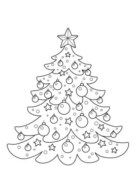 Süslü Noel ağacı. Noel karalama kitabı boyama sayfası. Taslak çizimi. Siyah ve beyaz.