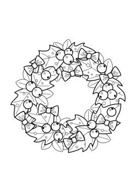Fiyonklu ve süslü Noel çelengi. Noel karalama kitabı boyama sayfası. Taslak çizimi. Siyah ve beyaz.
