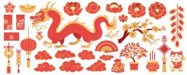 Çin Yeni Yıl Elementleri koleksiyonu. Ejderha, dekoratif unsurlar - çiçekler ve bulutlar, havai fişekler, geleneksel şans ve refah sembolleri - madeni paralar, düğümler, maneki neko.
