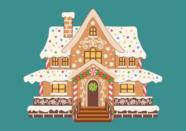 Noel zencefilli kurabiye evi şeker kamışı, krema ve şekerle süslenmiş. Ön manzara, ön cephe. Tatil için peri masalı tatlısı. Noel illüstrasyonu. Moda biçimi.