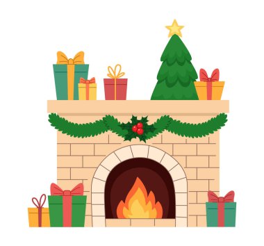 Noel süslemeleri, Holly, hediyeler ve köknar ağacıyla yanan tuğla şömine. Beyaz arka planda izole edilmiş. Noel ögesi.