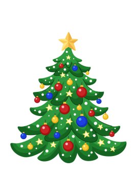 Karikatür Noel ağacı, toplar, yıldızlar ve karla süslenmiş, üstünde yıldız var. Beyaz arka planda izole edilmiş. Noel ögesi.