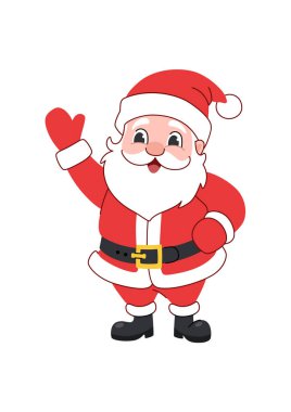 Sevimli Noel Baba selamlaşmak için elini sallıyor. Beyaz arka planda izole edilmiş. Noel karakteri.