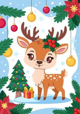 İçinde şirin bir ren geyiği, bir Noel ağacı ve karlı bir çayırda hediye olan bir çizgi film Noel kartı. İllüstrasyon, köknar dalları, Noel baloları ve Noel çiçekleri ile süslenmiş. Noel illüstrasyonu.