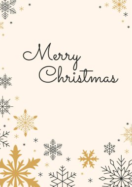 Mutlu Noeller yazılı Noel kartı. Sütlü arka planda altın ve siyah kar taneleri. Minimalist tarzda dikey Noel afişi. Kar taneleri çerçevesinde bir yazı. Yeni Yıl Tasarımı.