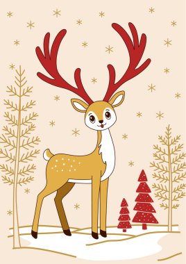 Noel kartı. İçinde zarif bir Noel geyiği var. Ormanda, karlı bir arazide, köknar ağaçlarıyla. Minimalist tarzda yeni yıl kartı. Kırmızı ve altın rengi ve sütlü bej arkaplan. Noel kartpostalı.