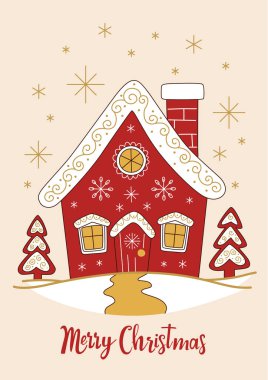 Pencereli, krema ve kar taneleriyle süslenmiş zencefilli kurabiye evi olan şık bir Noel kartı. Karlı çayırlarda zencefilli kek ağaçlarıyla dolu bir ev. Minimalist tarzda yeni yıl kartı. Kırmızı ve altın rengi, sütlü bej arka plan. Noel kartpostalı.